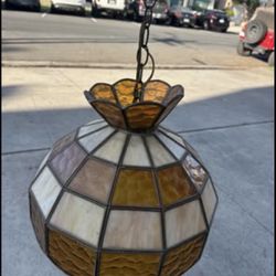 Vintage Tiffany Style Handcrafted Swag Pendant Hanging Lamp Ivory Yellow Amber Textured Stained Glas