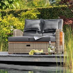 Outdoor Rattan Loveseat with Cushions