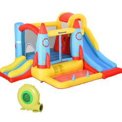 Outsunny Kids Bounce House, 4-in-1 Rocket Inflatable Water Slide Jumping Castle with 2 Slides, Climbing Wall, Trampoline, & Water Pool Area, Air Blowe