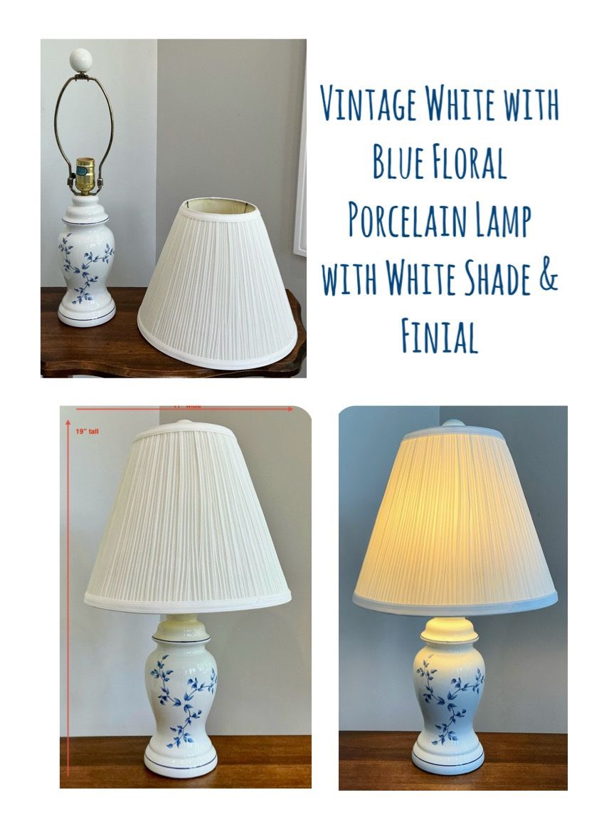 Vintage White with Blue Floral Porcelain Lamp with White Shade & Finial