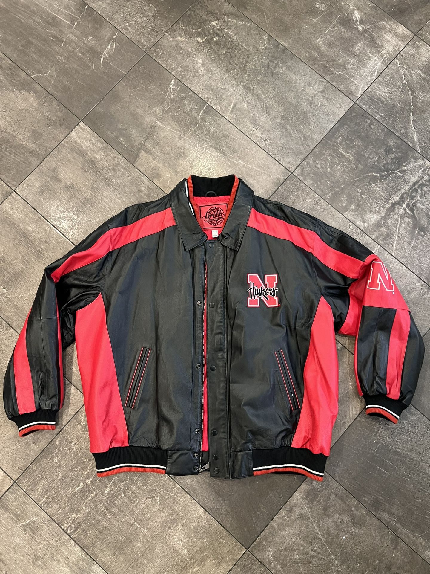 Huskers Authentic 100% Leather Black and Red Men's Jacket size 3xl like new!