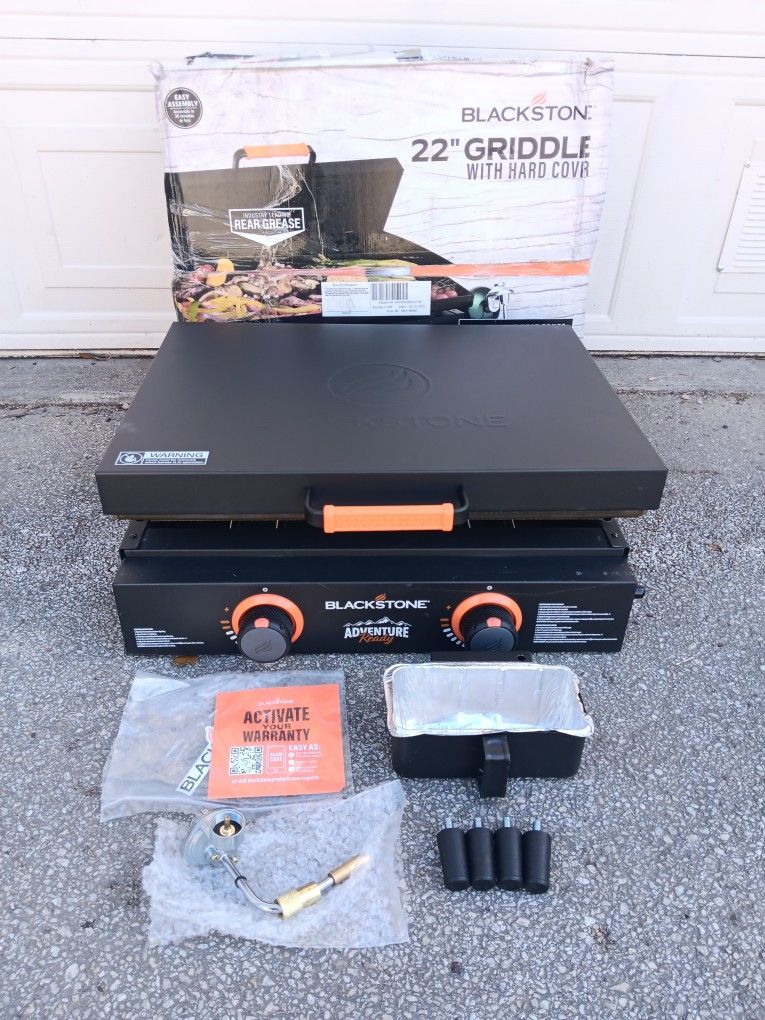 Blackstone 22" griddle with a hard cover, part of the "Adventure Ready" series.