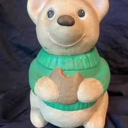 Vintage Green Sweater Bear Holding Cookie Cookie Jar