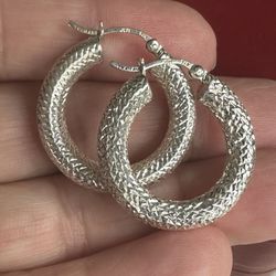 925 Sterling Silver Diamond Cut Hoop Earrings , Marked JCM 925, Beautiful, Medium Size Hoops