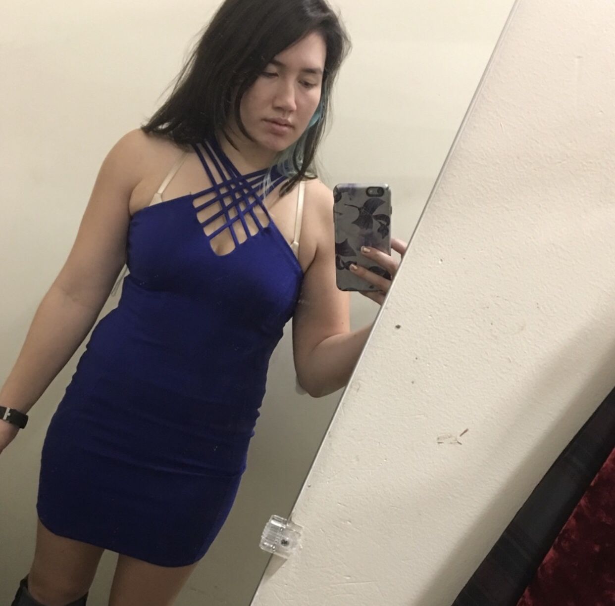 Blue strappy body con party dress