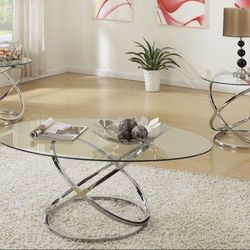 Brand New Chrome Glass 3pc Coffee Table Set
