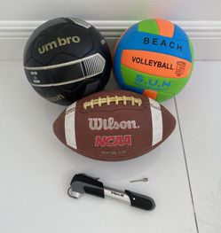 Set of 3 Balls - Soccer Ball, Volleyball Ball & American Football Ball with Pump
