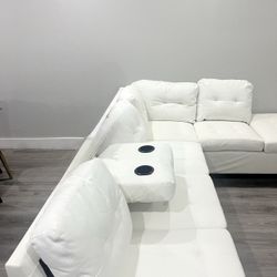 White Faux Leather L Shaped Couch + Cupholders