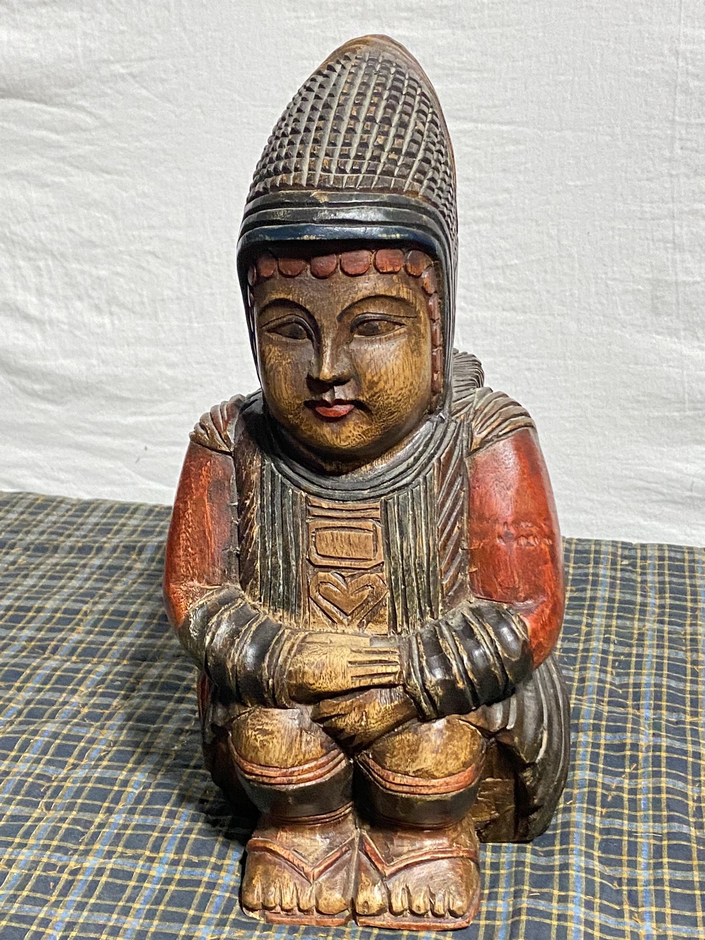 Hand Carved Wood Art Girl Figurine Basket Holder Statue Sculpture Vintage Collectible Collectibles & Art