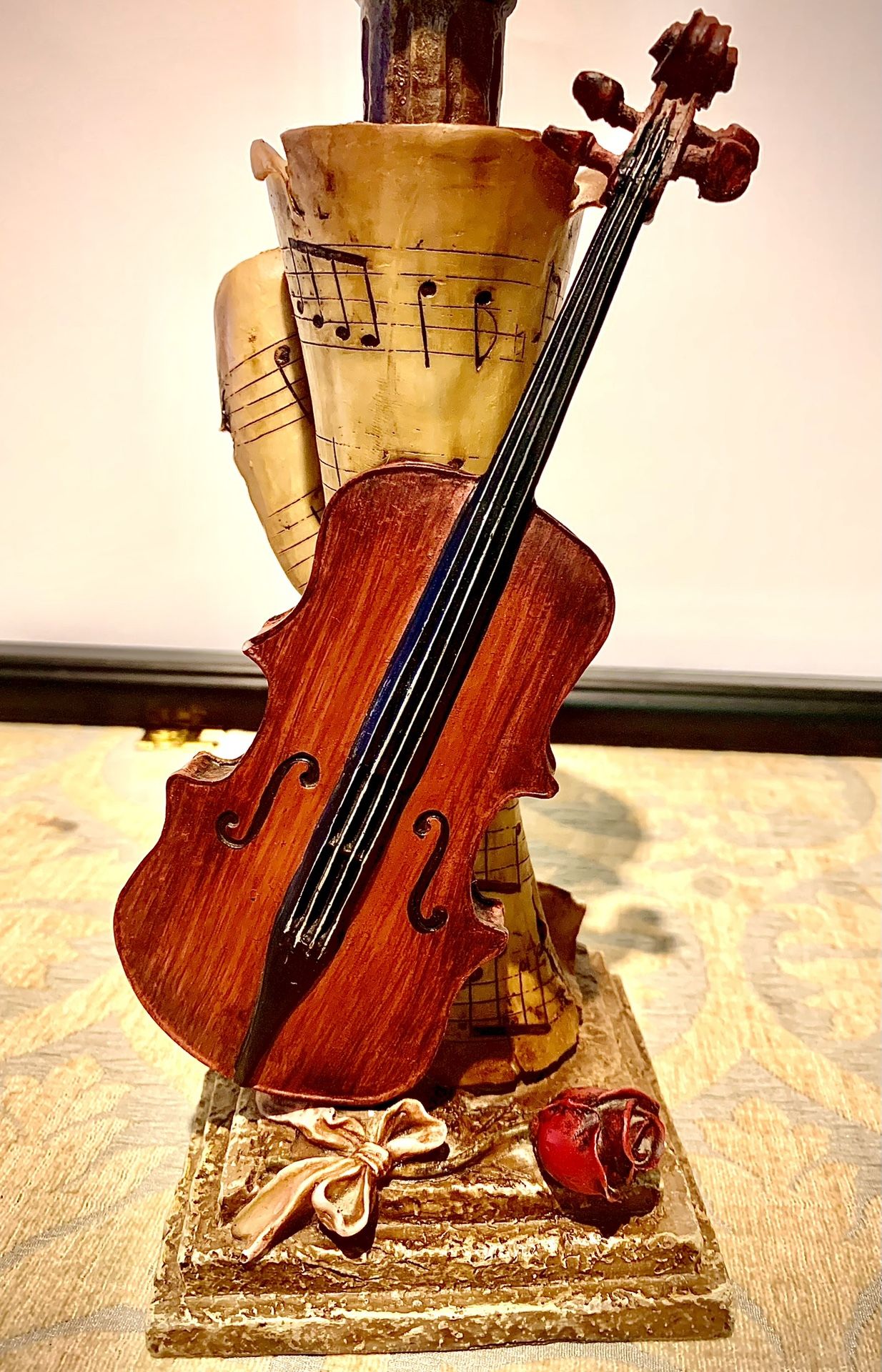 Violin music notes themed candle holder H12xW4.5 inch Lbs 2.7 Solid quality composite resin sculpture candle holder Violin in Excellent like new cond