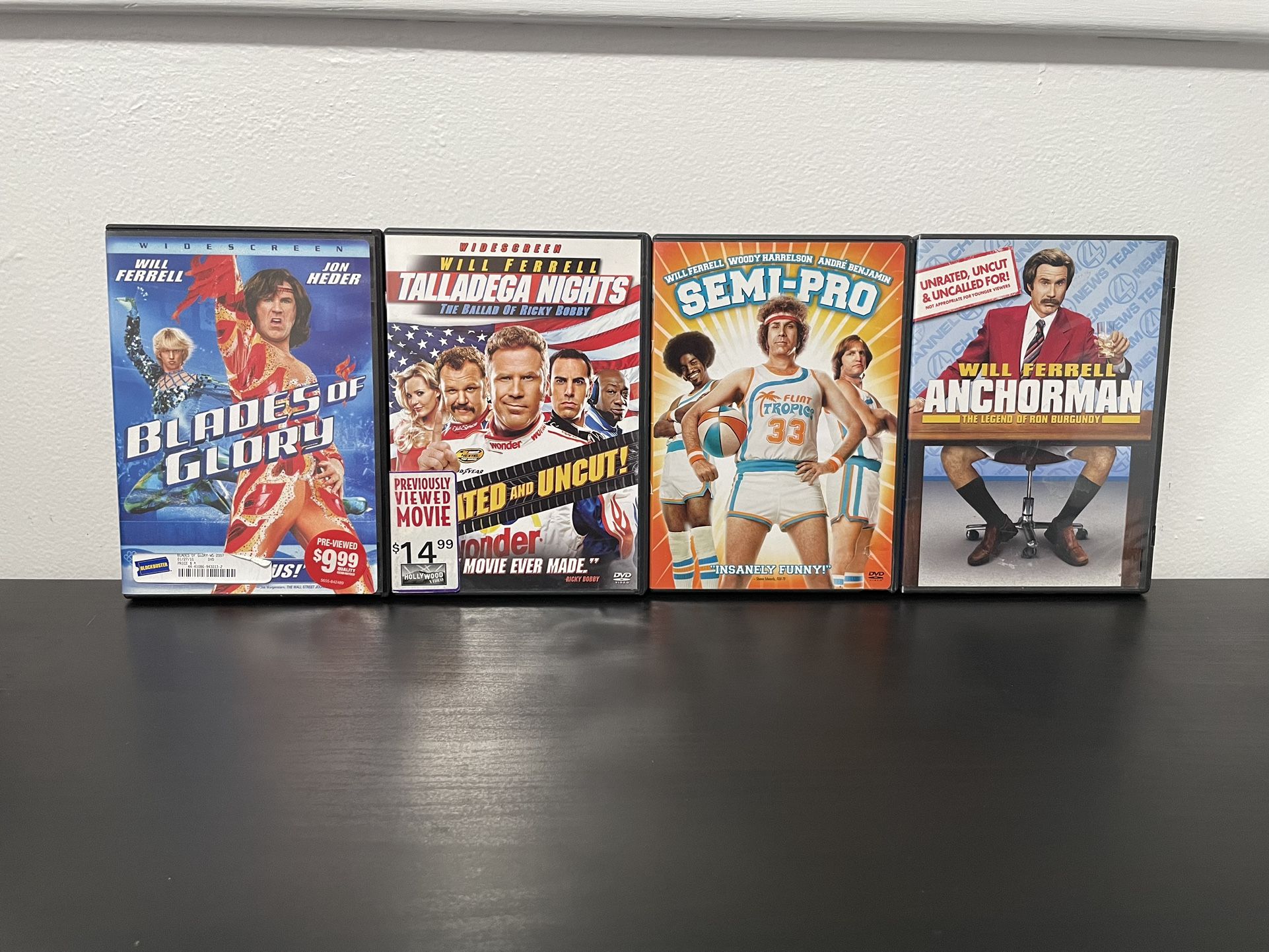 Will Ferrell 4 DVD Bundle Talladega Blades Glory Anchorman Semi-Pro Comedy Movie