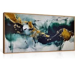 Green and Gold Marble Wall Painting,Textured Black and White Watercolor, Modern Brush Stroke Artwork