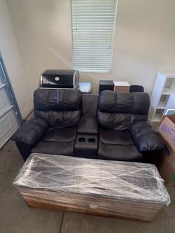 Black Leather Reclining Loveseat with Console