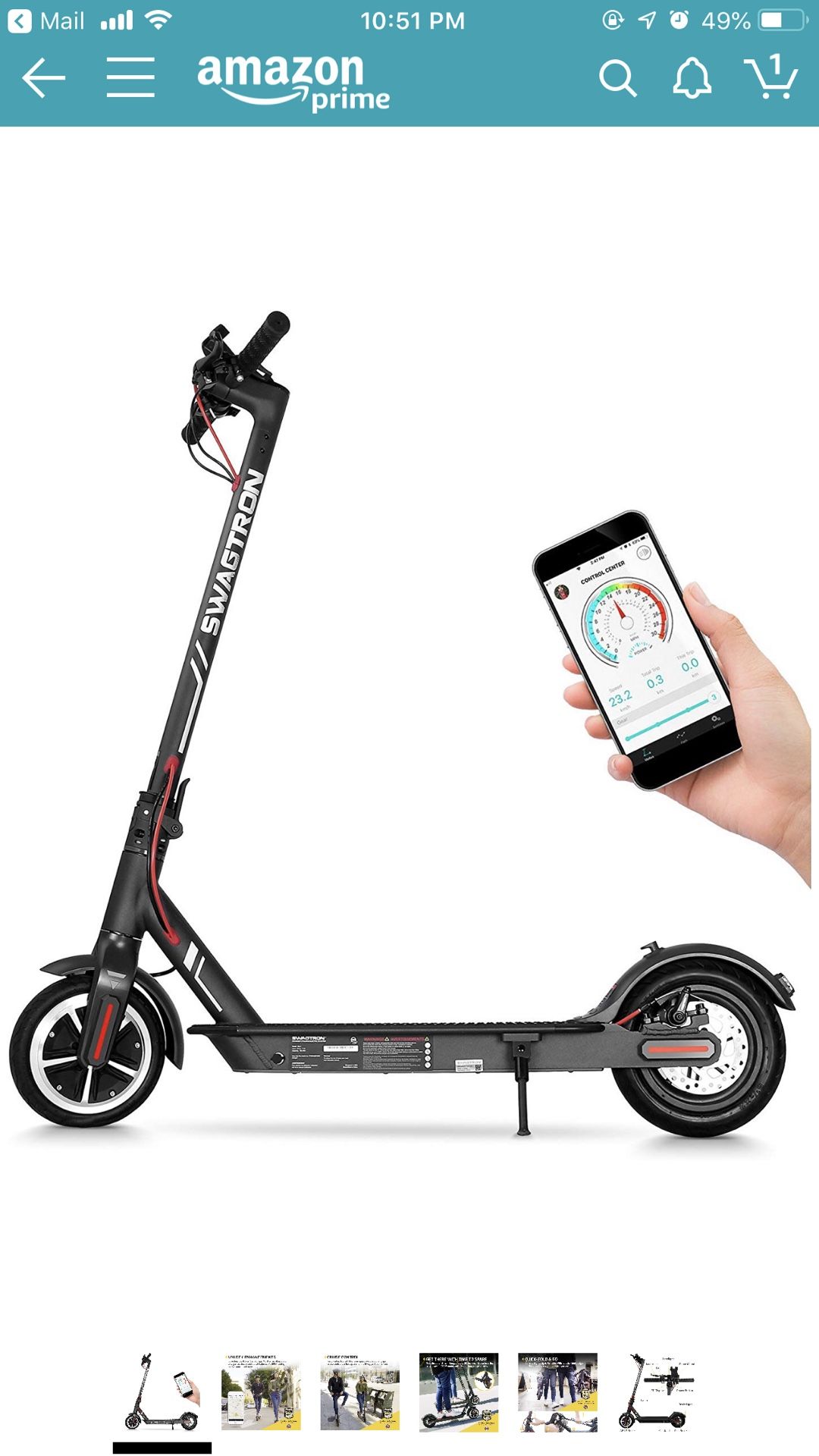 Swagtron High Speed Electric Scooter with 8.5" Cushioned Tires, Cruise Control and 1-Step Portable Folding - Swagger 5