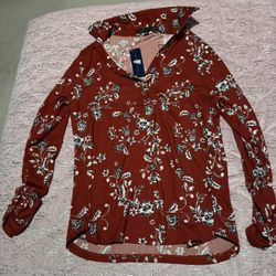 Nwt Womens Small Adrienne Vittadini Red Floral Blouse Dress Shirt Ribbed 