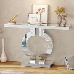 New assembled Modern Mirrored Console Table, Glass Sofa Table with Mirror Finish, 43-Inch Entryway Table with O-Shaped Base, Rectangular Accent Foyer 