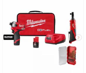 Milwaukee M12 FUEL SURGE 12V 1/4 in. Hex Impact Kit w/ (2) 2. 0Ah Batteries, Bag with M12 3/8 in. Ratchet with 15-Pc Set