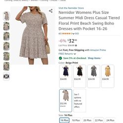 New Plus Size Floral Midi Dress Smocked Waist Pockets