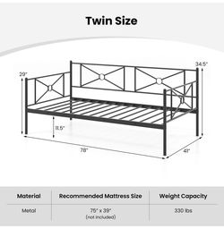 Twin Size Metal Daybed Frame with 8 inch gel memory foam twin mattress and wedge pillow