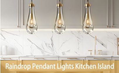 Clearance Kitchen Island Brass Hanging Light Raindrop Glass 8 p