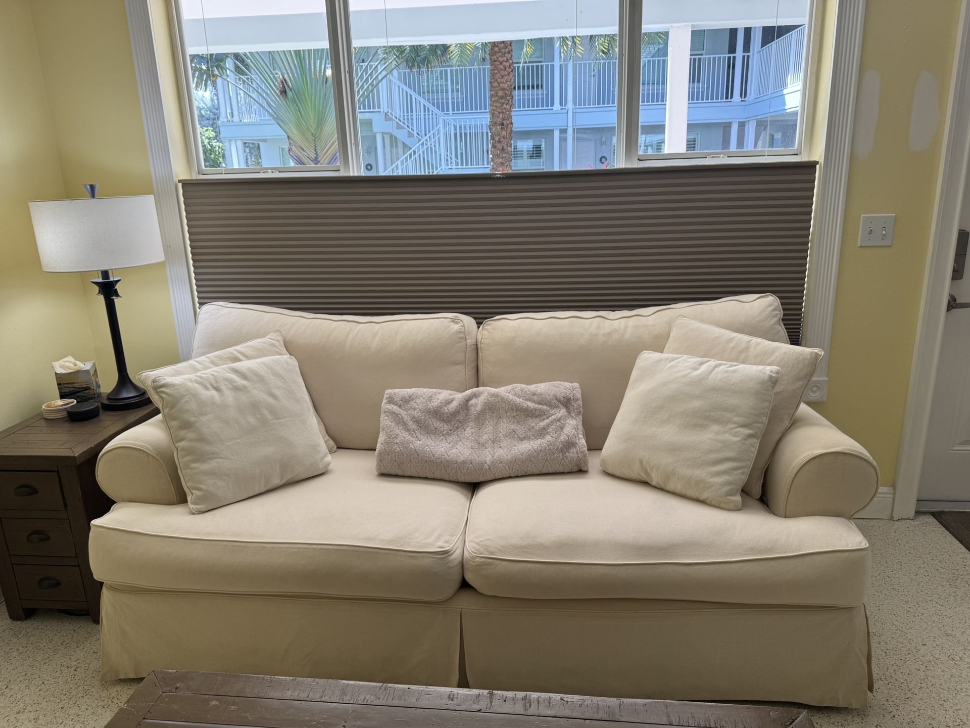 kevin Charles White Couch 90x36 & Ashley Furniture 3 Piece Living Room Entertainment Center, Coffee Table, & End Table