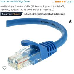 Mediabridge™ Ethernet Cable (15 Feet) - Supports Cat6 / Cat5e / Cat5 Standards, 550MHz, 10Gbps - RJ45 Computer Networking Cord (Part# 31-399-15X)