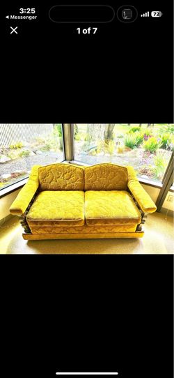 Vintage Spanish Revival Gold Textured Fabric Sofa Turned with Spindle Sides