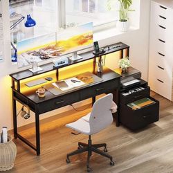 55-Inch Computer Desk with Fabric File Cabinet and Fabric Drawers, Reversible Office Desk with LED Strip and Power Strip