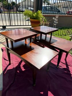 Two Beautiful Mid Century Modern Formica Top Pine Two-Tier Step End Tables, With Ball Brass Tips