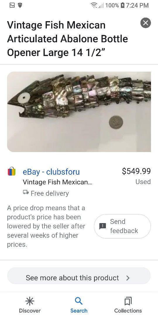 Vintage Mexican Silver And Abalone Articulated Fish Bottle Opener