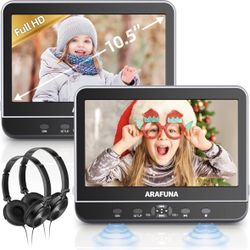 ARAFUNA 10.5" Portable DVD Player For Car With 1080P Full HD HDMI Input, Car DVD Player Dual Screen With Mounting Bracket, Headrest DVD Player Support