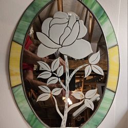 Large vintage floral design mirror framed in stained glass