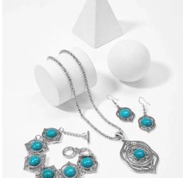 Tibetan Turquoise 3pcs Jewelry Set Necklace Bracelet and Earrings