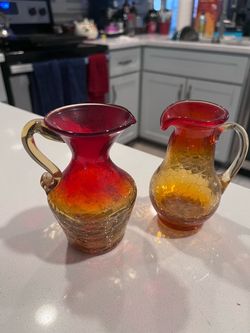 Vintage Crackle Glass Pitcher Vases Set of 2