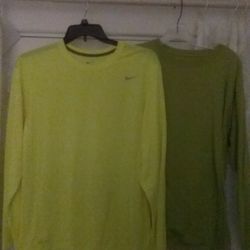 2 Mens Large long sleeve shirts, one neon dry fit and one 100% cotton. 