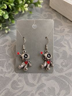 Stitch-Style Doll Earrings with Red Hearts – Silver Dangle Earrings