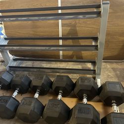 Dumbbells In Great Conditions Set Of 85” 95” 100”and Rack 