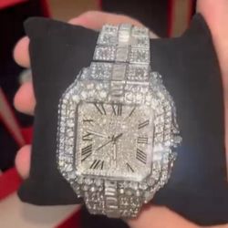 Silver and white Cartier watch fully iced out 