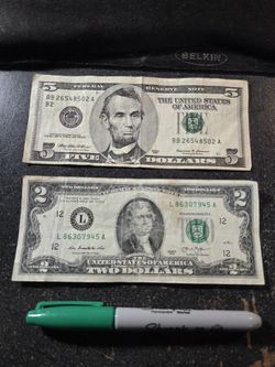 1999 $5 Bill Off Center, & $2 Bill With A Broken Ladder Serial Number 
