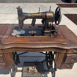 Antique White Rotary Treadle Sewing Machine in Ornate Cast Iron Cabinet Table - Original Accessories