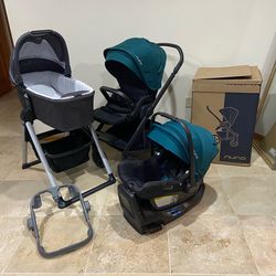 2022 Nuna Mixx Next Stroller With Car Seat RX With Green Canopy And Bassinet With Stand