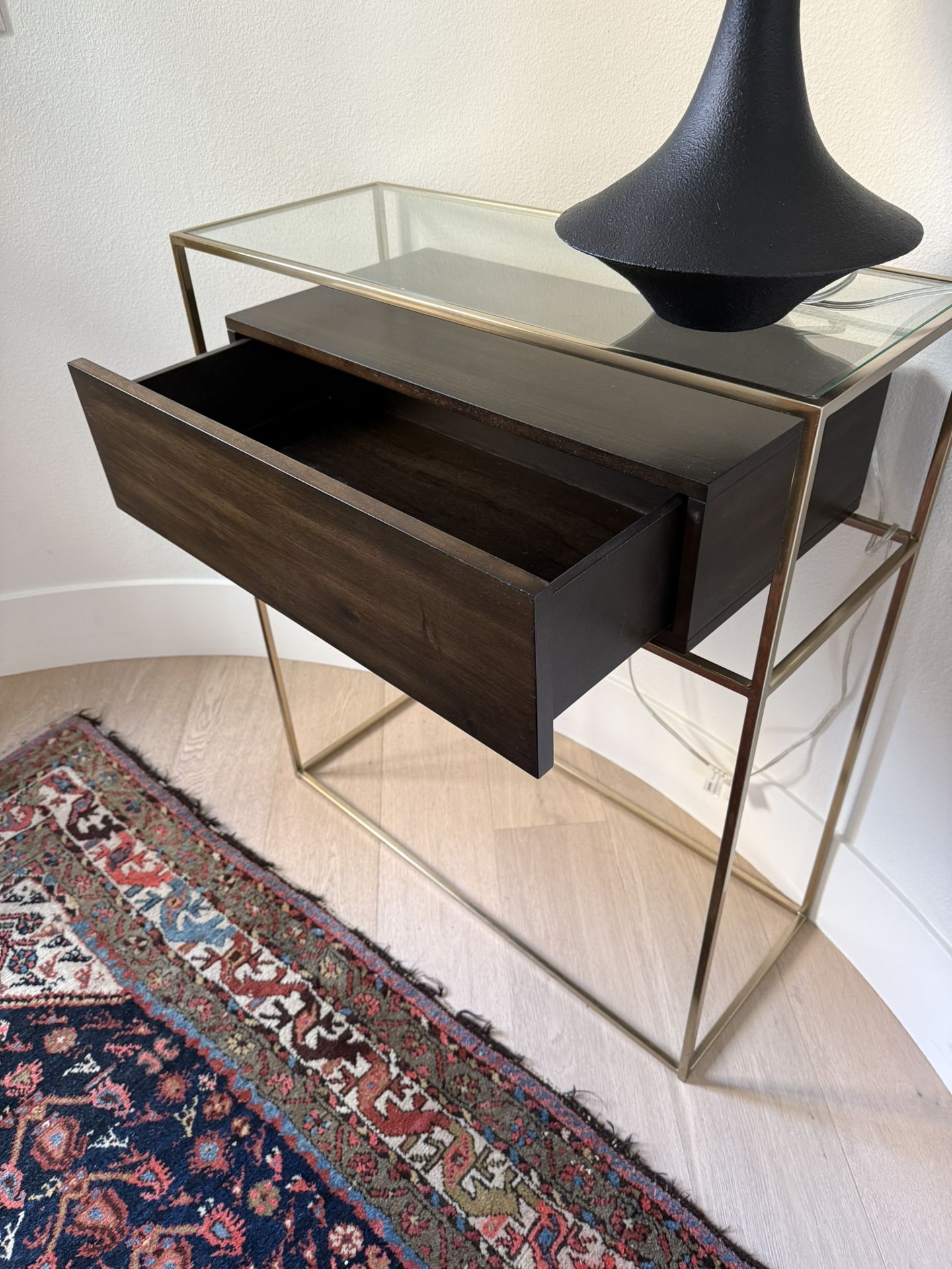 Modern Glass & Brass Console Table with Wood Drawer – Excellent Condition