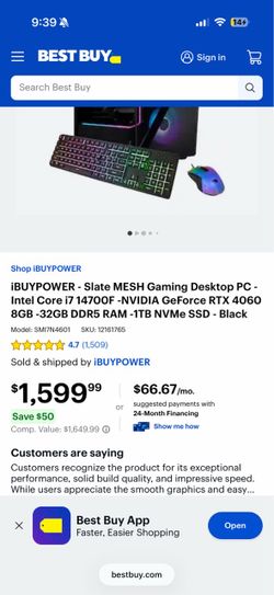 iBUYPOWER - Slate MESH Gaming Desktop PC -Intel Core i7 14700F -NVIDIA GeForce RTX 4060 8GB -32GB DDR5 RAM -1TB NVMe SSD - Black