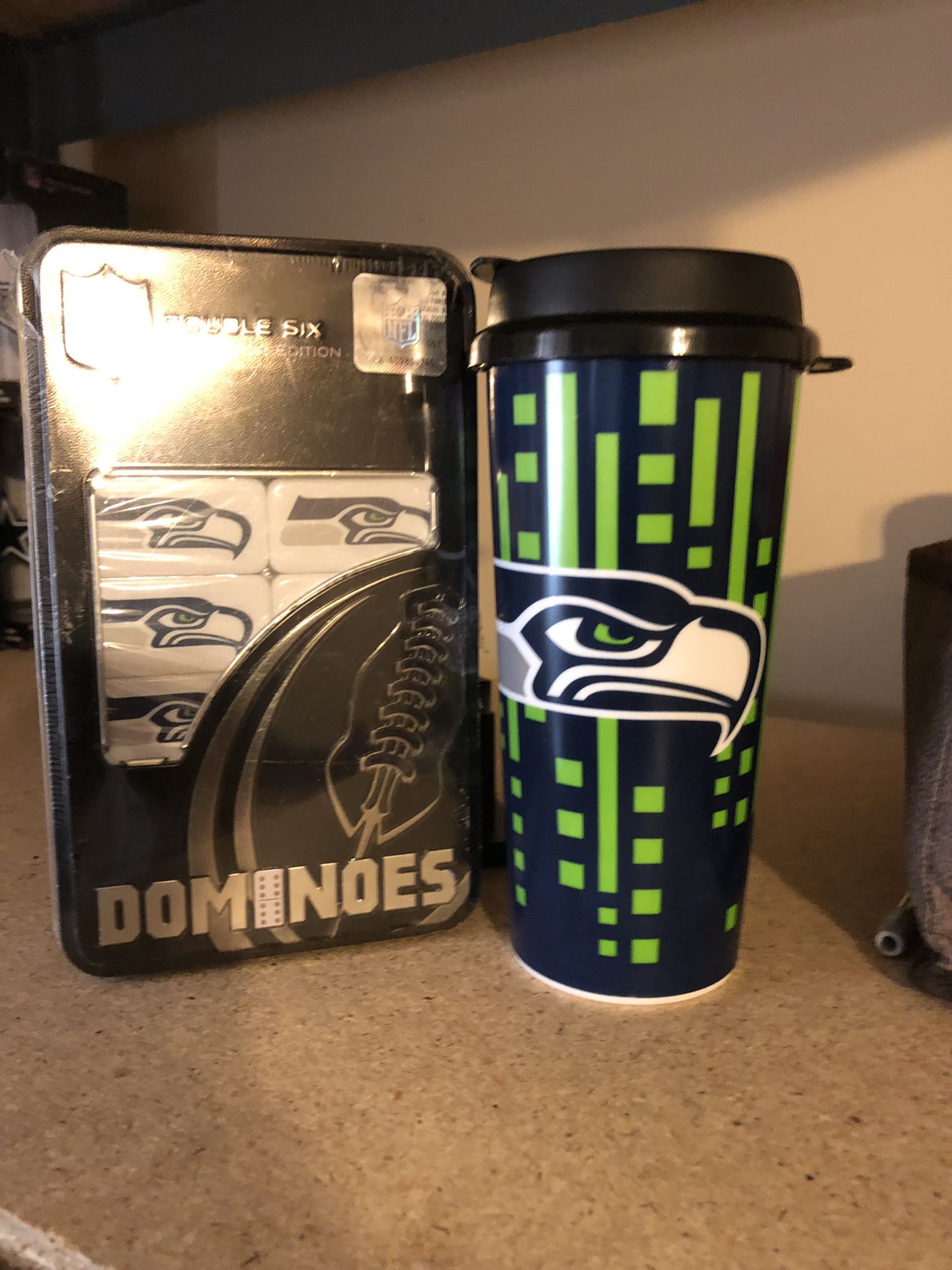Seattle Seahawks double six dominoes and cup