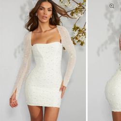 Oh Polly Long Sleeve Embellished Corset Mini Dress in Ivory