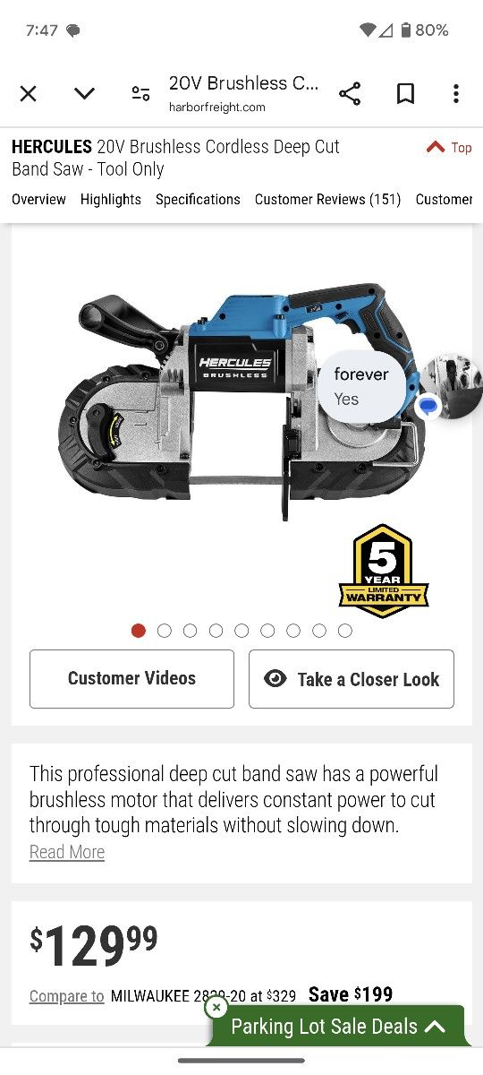 HERCULES 20V Brushless Cordless Deep Cut Band Saw - Tool Only