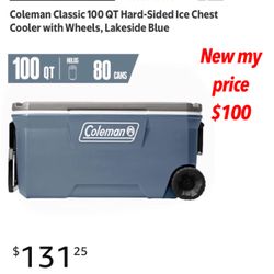 New  Coleman 100 qt cooler ice chest  with handle & wheels $100 firm cash only pick up east Palmdale