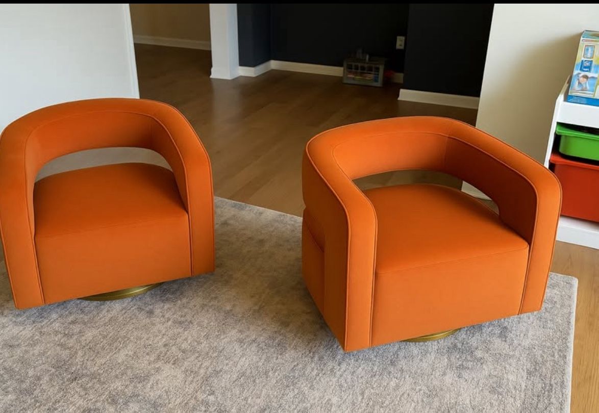 Set of 2 Orange Velvet Swivel Barrel Chairs – Brand New