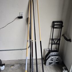 Set of 4 Pool Cues + Bridge Stick – $60