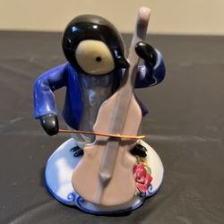 Ceramic Penguin Figurine Playing Double Bass